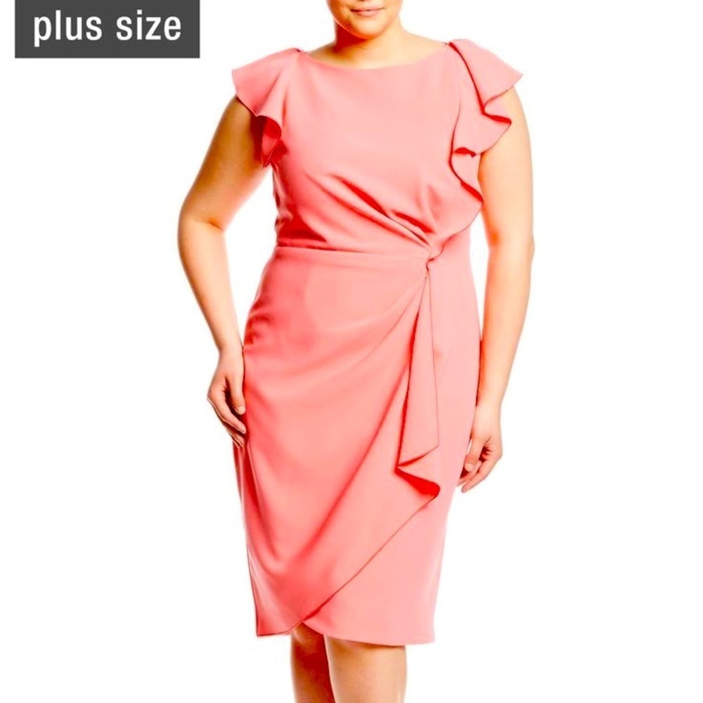 Maria Rinaldi Made In Italy Side Ruched Flutter Sleeve Sheath Dress Coral NWT